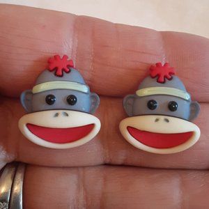 Novelty button sock monkey earrings